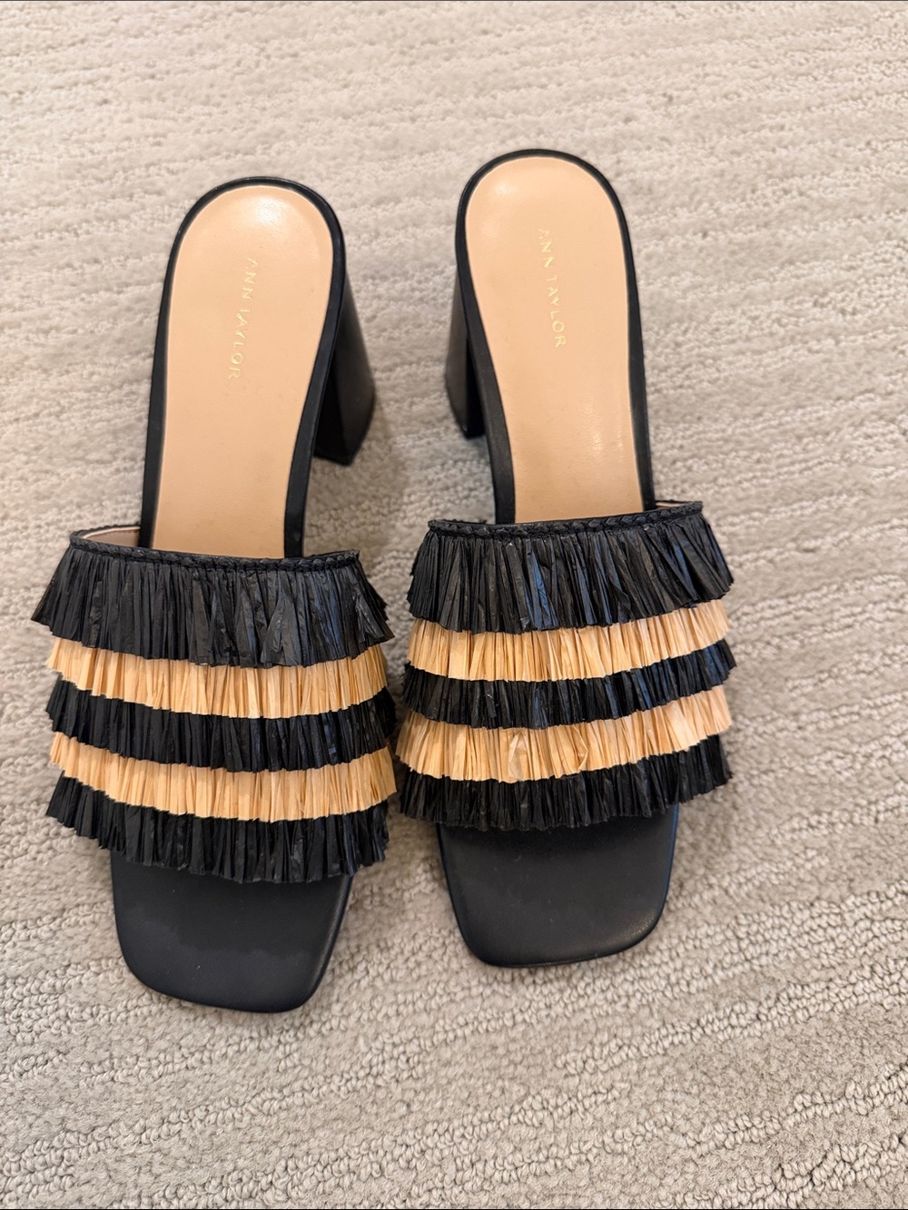 Ann Taylor Black and Beige Layered Fringe Block Heel Mules